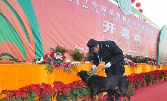 江西景德鎮(zhèn)陶瓷博覽會開幕 安檢門與搜爆犬共同安保